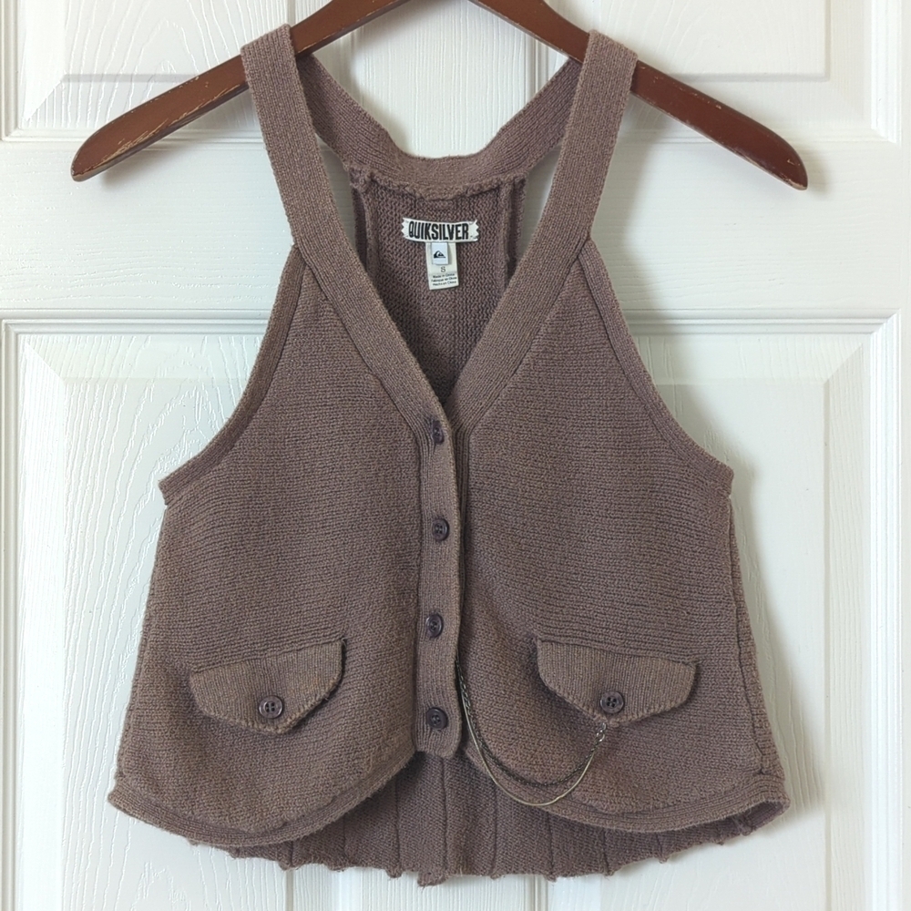 Quicksilver Waistcoat Inspired Button Up V-neck Pleated Back Knit Tank Top Taupe